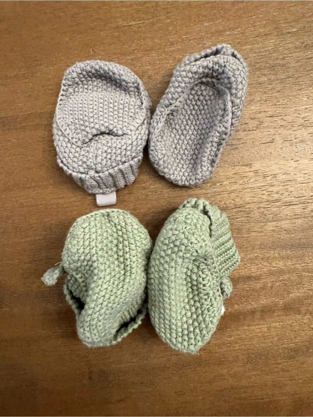 Adorable Knit Baby Bootie Duo in Sage Green & Light Gray
